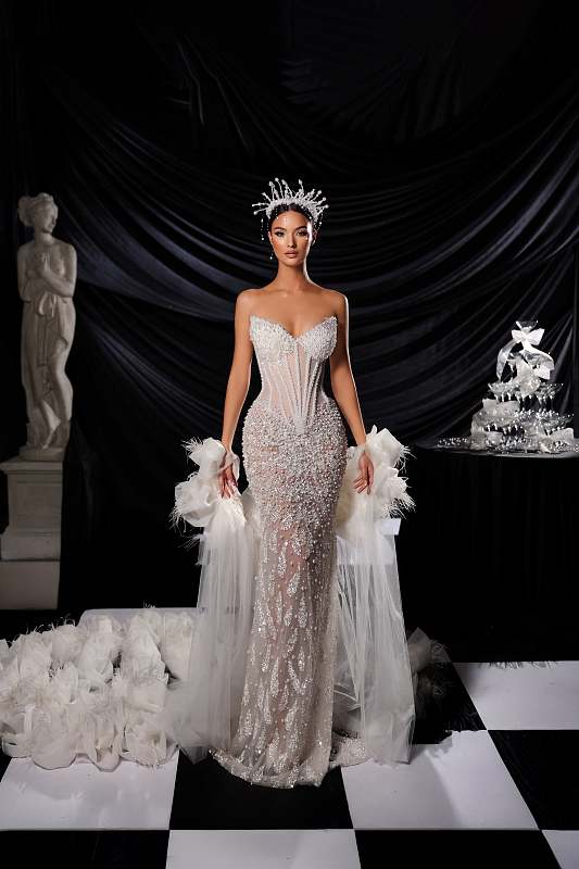 Strapless Sequin Pearl Corset Maxi Dress Nude Pink HV3017
