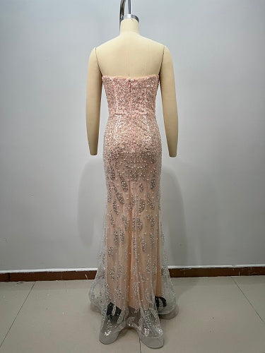 Strapless Sequin Pearl Corset Maxi Dress Nude Pink HV3017