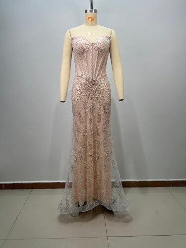 Strapless Sequin Pearl Corset Maxi Dress Nude Pink HV3017