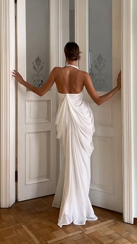 Halter Draped Maxi Dress White HV0068