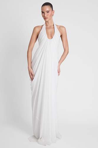 Halter Draped Maxi Dress White HV0068