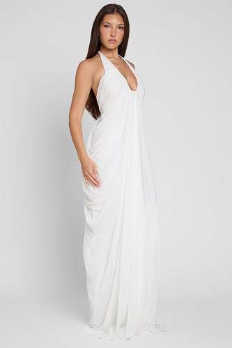Halter Draped Maxi Dress White HV0068