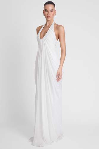 Halter Draped Maxi Dress White HV0068