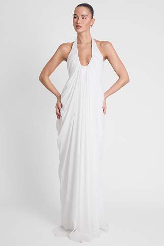 Halter Draped Maxi Dress White HV0068