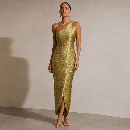 One Shoulder Tassel Detail Midi Dress Gold HV3019