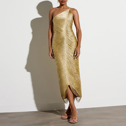 One Shoulder Tassel Detail Midi Dress Gold HV3019