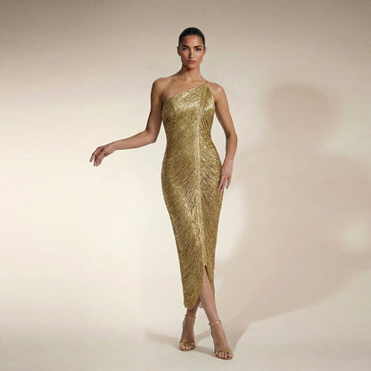 One Shoulder Tassel Detail Midi Dress Gold HV3019
