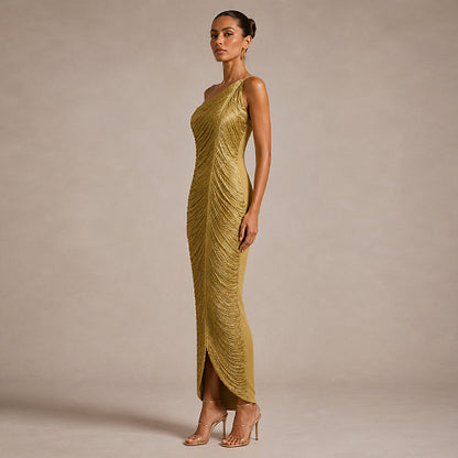 One Shoulder Tassel Detail Midi Dress Gold HV3019
