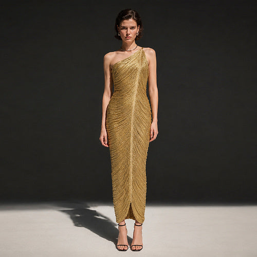 One Shoulder Tassel Detail Midi Dress Gold HV3019