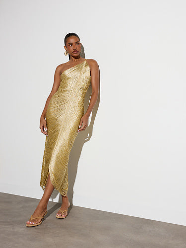 One Shoulder Tassel Detail Midi Dress Gold HV3019