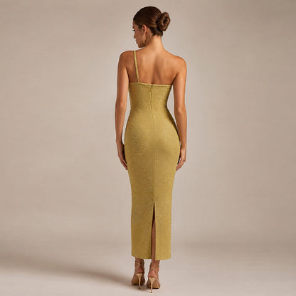 One Shoulder Tassel Detail Midi Dress Gold HV3019