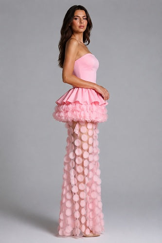 Strapless Floral Peplum Maxi Dress Pink HV3020