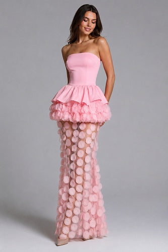 Strapless Floral Peplum Maxi Dress Pink HV3020