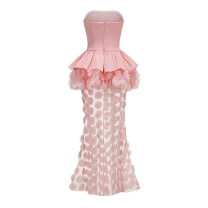 Strapless Floral Peplum Maxi Dress Pink HV3020