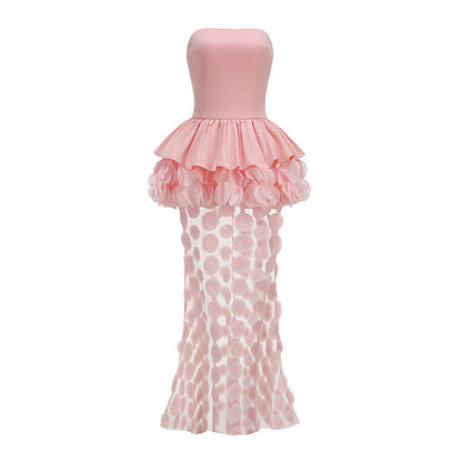 Strapless Floral Peplum Maxi Dress Pink HV3020