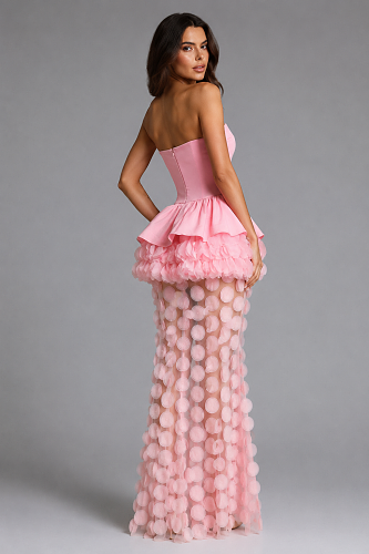 Strapless Floral Peplum Maxi Dress Pink HV3020