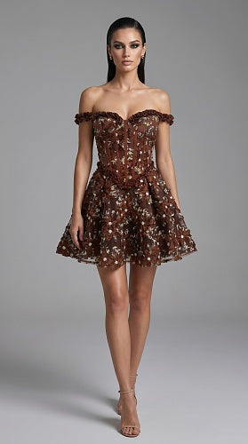 Ruffle Bardot Floral A Line Dress Coral Pink HV3021