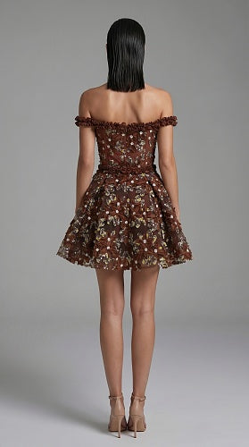 Ruffle Bardot Floral A Line Dress Coral Pink HV3021