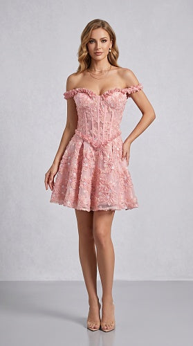 Ruffle Bardot Floral A Line Dress Coral Pink HV3021