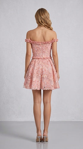 Ruffle Bardot Floral A Line Dress Coral Pink HV3021