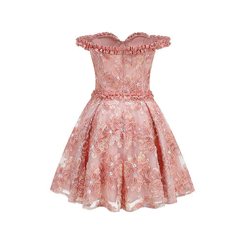 Ruffle Bardot Floral A Line Dress Coral Pink HV3021
