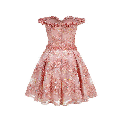 Ruffle Bardot Floral A Line Dress Coral Pink HV3021