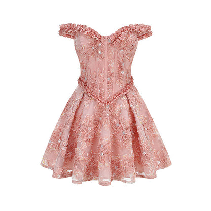 Ruffle Bardot Floral A Line Dress Coral Pink HV3021