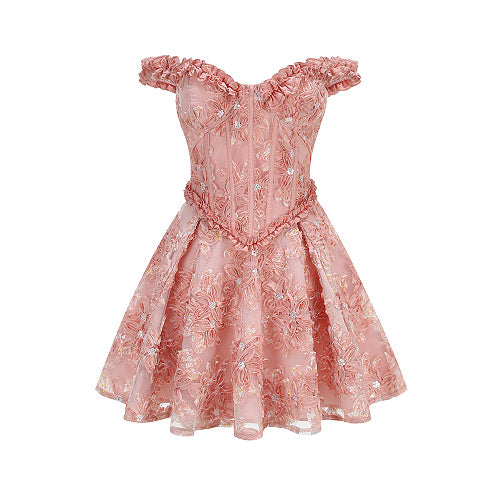 Ruffle Bardot Floral A Line Dress Coral Pink HV3021