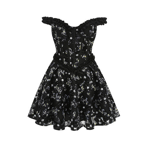 Ruffle Bardot Floral A Line Dress Coral Pink HV3021