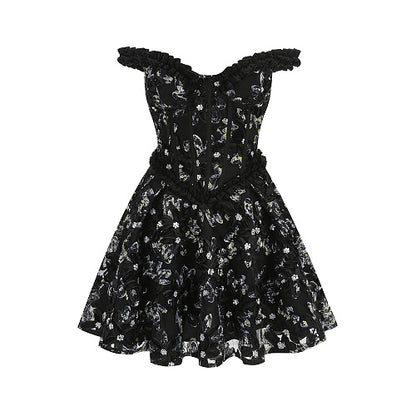 Ruffle Bardot Floral A Line Dress Coral Pink HV3021