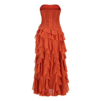 Strapless Ruffle Maxi Dress Orange HV3022