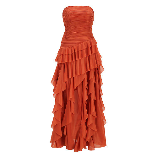 Strapless Ruffle Maxi Dress Orange HV3022
