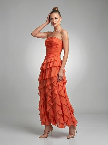 Strapless Ruffle Maxi Dress Orange HV3022