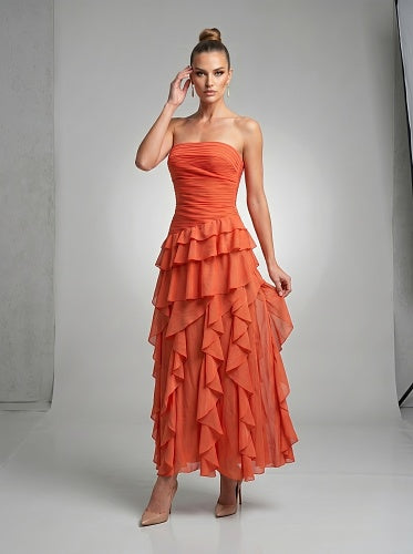 Strapless Ruffle Maxi Dress Orange HV3022