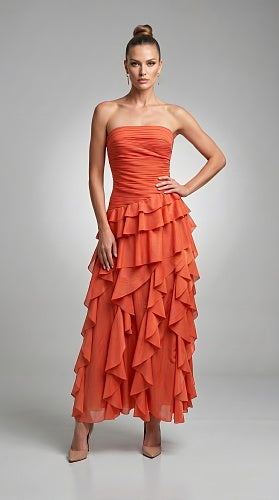 Strapless Ruffle Maxi Dress Orange HV3022