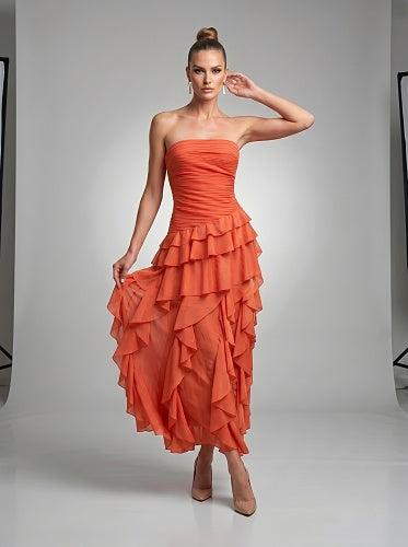 Strapless Ruffle Maxi Dress Orange HV3022