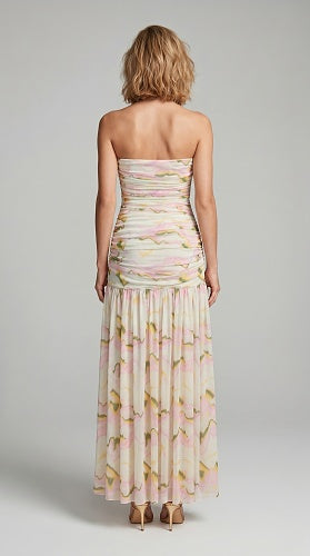 Strapless Draped A Line Maxi Dress Floral HV3023