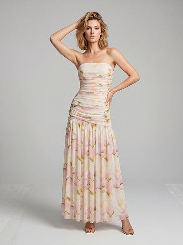 Strapless Draped A Line Maxi Dress Floral HV3023