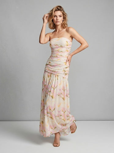 Strapless Draped A Line Maxi Dress Floral HV3023