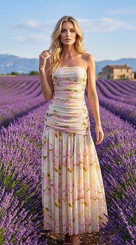 Strapless Draped A Line Maxi Dress Floral HV3023