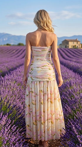 Strapless Draped A Line Maxi Dress Floral HV3023