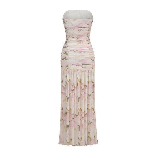 Strapless Draped A Line Maxi Dress Floral HV3023