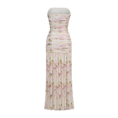 Strapless Draped A Line Maxi Dress Floral HV3023