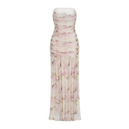 Strapless Draped A Line Maxi Dress Floral HV3023