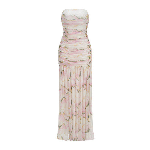 Strapless Draped A Line Maxi Dress Floral HV3023