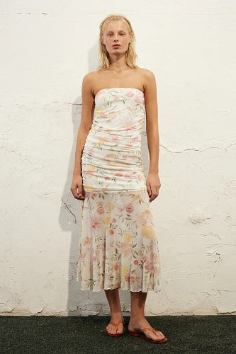 Strapless Draped A Line Maxi Dress Floral HV3023