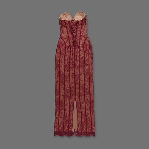 Strapless Lace Corset Maxi Dress Burgundy HV0079