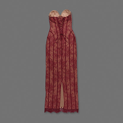 Strapless Lace Corset Maxi Dress Burgundy HV0079