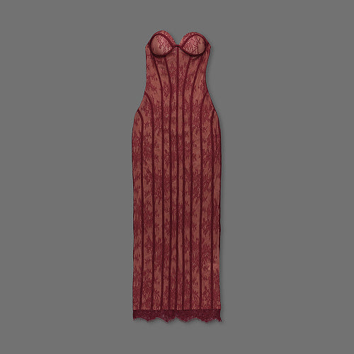 Strapless Lace Corset Maxi Dress Burgundy HV0079