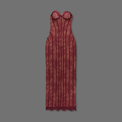 Strapless Lace Corset Maxi Dress Burgundy HV0079